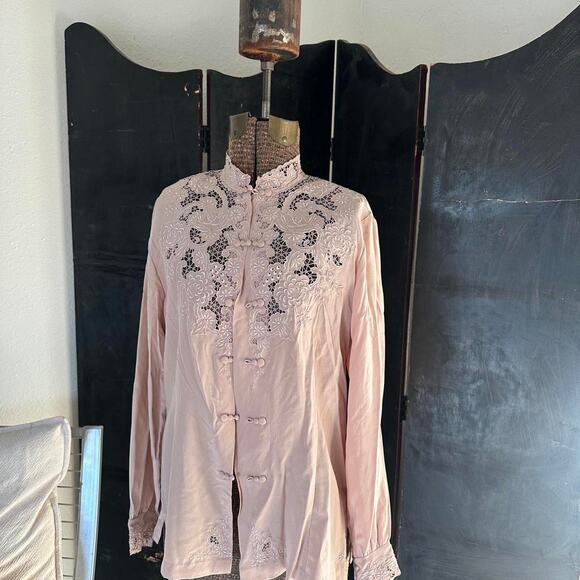 Max Nugus Women's Large Blouse Cream Pink Pure Silk Embroidered Lace - Picture 1 of 2